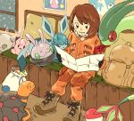  1girl backpack bag bangs beartic berry_(pokemon) blush boots brown_eyes brown_footwear brown_hair character_doll clefairy commentary_request couch flygon gen_1_pokemon gen_3_pokemon gen_4_pokemon gen_5_pokemon gen_6_pokemon glaceon gloria_(pokemon) goomy holding holding_paper indoors jacket long_sleeves looking_down matsuri_(matsuike) open_mouth oran_berry orange_jacket orange_pants paper pokemon pokemon_(game) pokemon_swsh poster_(object) sack short_hair sitrus_berry sitting snowing swept_bangs teeth tongue torkoal window 