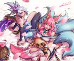  1boy 2girls absurdres agri animal_ears blue_eyes breasts cleavage english_commentary fox_ears fox_girl fox_tail green_eyes grey_hair highres league_of_legends looking_up medium_breasts multiple_girls multiple_tails pink_hair purple_lips riven_(league_of_legends) sitting spirit_blossom_ahri spirit_blossom_riven tail teemo tied_hair tiger_june 