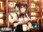  1girl alcohol bottle bow breasts brown_hair drink fork green_eyes hair_ornament hazumi ice_bucket indoors large_breasts looking_at_viewer red_bow replaceme short_hair short_sleeves solo standing wine_bottle 