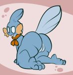  1-upclock 2020 3_toes all_fours anthro bandanna big_butt blue_body blue_scales blue_spots butt female genitals grey_background hi_res kerchief mabel_(1-upclock) mostly_nude mudkip nintendo no_pupils orange_bandanna orange_body orange_kerchief orange_scales pok&eacute;mon pok&eacute;mon_(species) presenting presenting_hindquarters pussy raised_tail scales simple_background solo spots spotted_body spotted_scales thick_thighs toes video_games white_eyes 