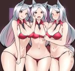  3girls :d :q animal_ear_fluff animal_ears bangs bare_arms bare_shoulders between_breasts bikini black_background blush breasts cerberus_(helltaker) cleavage closed_mouth cowboy_shot detached_collar dog_ears dog_girl embarrassed fang freshtango groin hand_on_another&#039;s_hip helltaker highres long_hair looking_at_viewer medium_breasts multiple_girls navel necktie nose_blush open_mouth parted_bangs parted_lips red_bikini red_eyes short_necktie side-by-side silver_hair skindentation smile stomach string_bikini swimsuit thighs tongue tongue_out triplets very_long_hair 