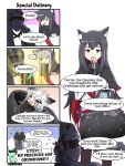  2020 ambiguous_gender animal_humanoid arknights bag black_hair canid canid_humanoid clothing comic cute_fangs dialogue doctor_(arknights) english_text eye_scar female female_(lore) food food_in_mouth grey_hair group hair hi_res humanoid jacket kurotofu lappland_(arknights) mammal mammal_humanoid open_mouth pocky scar smile texas_(arknights) text topwear trash_can young 