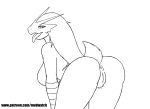  absurd_res anthro anus bent_over blaziken breasts butt curvy_figure female from_behind_angle genitals hi_res monochrome mudwatch nintendo pinup pok&eacute;mon pok&eacute;mon_(species) pokemon_(anime) pose pussy side_boob solo text thick_thighs tongue tongue_out url video_games wide_hips 