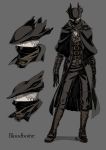  1boy absurdres armored_boots belt black_capelet black_gloves black_headwear bloodborne boots brown_belt brown_coat brown_footwear brown_pants capelet character_sheet coat commentary_request copyright_name full_body gloves grey_background grey_hair grey_shirt hat highres hunter_(bloodborne) kamezaemon knee_boots long_sleeves looking_at_viewer male_focus mask mouth_mask multiple_views pants profile shirt short_hair simple_background standing tricorne very_short_hair 