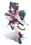  1girl aka_kan animal_ears bag bangs bare_legs black_footwear black_hair cat_ears cat_tail closed_mouth eyebrows eyebrows_visible_through_hair fang gun hair_ornament highres holding holding_gun holding_weapon looking_at_viewer original red_eyes ribbon school_bag school_uniform shoes short_hair solo tail thigh_strap uniform weapon 