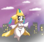  2020 3_fingers anthro big_breasts bit-small black_eyes blush breasts city digital_media_(artwork) eyelashes female fingers hi_res humanoid jirachi legendary_pok&eacute;mon looking_away night nintendo not_furry pok&eacute;mon pok&eacute;mon_(species) smile solo star thick_thighs video_games white_body wide_hips 