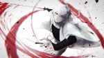  1boy absurdres bandaged_head bandages blood bloody_hands bloody_weapon character_request gintama hair_between_eyes highres holding holding_sword holding_weapon japanese_clothes katana long_sleeves male_focus parted_lips red_eyes shards shion_(reira) slashing solo sword weapon white_hair wide_sleeves 