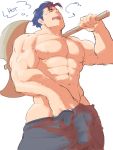  1boy abs axe bara blue_hair bulge chest cowboy_shot english_text erection erection_under_clothes fire_emblem fire_emblem:_the_blazing_blade hand_under_clothes hector_(fire_emblem) highres male_focus muscle navel nipples over_shoulder pants pectorals piikeisandaa thick_thighs thighs thought_bubble undressing weapon weapon_over_shoulder yawning 