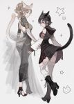  2girls alternate_costume animal_ears back_cutout blonde_hair blue_eyes boots braid brown_hair cat_ears cat_tail detached_sleeves dress extra_ears final_fantasy final_fantasy_xv full_body high_heel_boots high_heels hood hood_down iris_amicitia kemonomimi_mode looking_back lunafreya_nox_fleuret multiple_girls p-nekor ponytail red_eyes see-through short_hair smile tail 