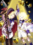  1boy 1girl artoria_pendragon_(all) artoria_pendragon_(caster) beret blonde_hair bow cape closed_eyes dress egg fate/grand_order fate_(series) gloves golden_egg hat high_five highres pantyhose pspsno_pan shorts smile spotlight staff voyager_(fate/requiem) 