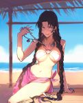  1girl arm_support bangs beach bikini black_hair blue_sky braid breasts chest_tattoo collarbone dated day earrings facial_mark fate/extra fate/extra_ccc fate/grand_order fate_(series) forehead_mark highres jewelry large_breasts leaning_on_object long_hair looking_to_the_side multicolored_hair navel necklace outdoors parted_bangs parted_lips pearl_earrings pearl_necklace pink_hair pink_sarong sarong seashell_necklace sesshouin_kiara_(swimsuit_mooncancer)_(fate) signature sky sol_ferrari solo swimsuit tattoo twin_braids two-tone_hair v-shaped_eyebrows very_long_hair water white_bikini yellow_eyes 