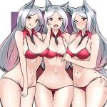  3girls :d :q animal_ear_fluff animal_ears bangs bare_arms bare_shoulders between_breasts bikini blush breasts cerberus_(helltaker) cleavage closed_mouth cowboy_shot detached_collar dog_ears dog_girl embarrassed fang freshtango groin hand_on_another&#039;s_hip helltaker long_hair looking_at_viewer medium_breasts multiple_girls navel necktie nose_blush open_mouth parted_bangs parted_lips red_bikini red_eyes short_necktie side-by-side silver_hair skindentation smile stomach string_bikini swimsuit thighs tongue tongue_out triplets very_long_hair white_background 