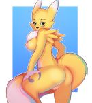  2020 anthro blue_eyes breasts butt canid canine chest_tuft digimon digimon_(species) digital_media_(artwork) female fur genitals looking_at_viewer looking_back mammal neck_tuft nipples nude pussy renamon solo solo_focus standing stcaipirinha tuft yellow_body yellow_fur 