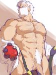  1boy abs bara beard chest chest_hair cowboy_hat drayden_(pokemon) facial_hair flaccid gym_leader hairy hat highres holding male_focus male_pubic_hair muscle navel nipples pectorals penis penis_peek piikeisandaa poke_ball pokemon pubic_hair simple_background sketch solo thick_thighs thighs undressing white_hair 