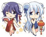 2girls akatsuki_(kantai_collection) blue_dress blue_eyes china_dress chinese_clothes double_bun dress eyebrows_visible_through_hair fan folding_fan hair_between_eyes hibiki_(kantai_collection) hizuki_yayoi holding holding_fan kantai_collection long_hair multiple_girls one_eye_closed open_mouth parted_lips purple_eyes purple_hair red_dress silver_hair simple_background sleeveless sleeveless_dress smile white_background 