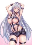  1girl absurdres areola_slip areolae arm_strap armpits arms_up azur_lane bangs blush bondage_outfit breasts enterprise_(azur_lane) eyebrows_visible_through_hair highres hot_limit large_breasts long_hair looking_at_viewer open_mouth purple_eyes revealing_clothes silver_hair skindentation solo sweat t.m.revolution uchida_shou underboob 