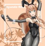  1girl animal_ears ayunda_risu black_gloves breasts brown_hair bunny_ears bunnysuit english_commentary gloves green_eyes highres hololive hololive_indonesia looking_down microphone red_chan small_breasts solo squirrel_ears 