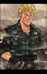  1boy alternate_costume bara belt blonde_hair blue_eyes chun_(luxtan) cowboy_shot fairy_tail fingerless_gloves gloves laxus_dreyar male_focus military military_uniform muscle serious short_hair sleeves_rolled_up solo spiked_hair tattoo uniform 