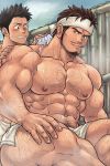  2boys abs bara black_hair blush body_hair brown_hair chest chun_(luxtan) crossed_legs facial_hair feet_out_of_frame hairy headband highres looking_at_another male_focus manly multiple_boys muscle naked_towel navel nipples original pectorals short_hair stubble thick_thighs thighs towel washing_back wet 