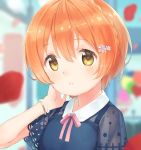  1girl bangs blurry blurry_background bracelet close-up eichisu eyebrows_visible_through_hair face hair_between_eyes hair_ornament hand_on_own_face highres hoshizora_rin jewelry looking_at_viewer love_live! love_live!_school_idol_project orange_hair parted_bangs pearl_bracelet pink_ribbon ribbon short_hair smile solo yellow_eyes 