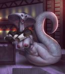  agent_torque anthro apode armor big_breasts breasts da_polar_inc draconcopode female inc leaning_on_object looking_at_viewer naga non-mammal_breasts red_eyes reptile scalie serpentine smile snake snake_hood solo video_games viper_(x-com) x-com x-com:_chimera_squad 
