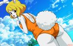  absurd_res anthro blonde_hair breasts butt carrot_(one_piece) clothed clothing female fluffy fluffy_tail fur hair hi_res lagomorph leporid looking_at_viewer mammal one_piece orange_hair rabbit solo swimwear white_body white_fur 