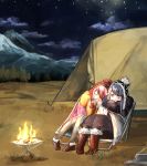  2girls blue_hair boots campfire camping camping_chair chair closed_eyes cloud coffee coffee_cup commentary cup disposable_cup fire forest grass hat head_on_another&#039;s_shoulder kagamihara_nadeshiko long_hair mountain multiple_girls nature night night_sky outdoors pink_hair purple_eyes radio scarf shima_rin sitting sky sleeping smile star_(sky) starry_sky steam suda tent tree winter_clothes yuri yurucamp 