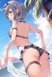  1girl ;) ass breasts frilled_skirt frills green_eyes hololive large_breasts looking_at_viewer looking_back miya_(tokumei) one_eye_closed panties shirogane_noel short_hair sideboob silver_hair skirt smile solo sunglasses swimsuit thigh_strap tree umbrella underwear 