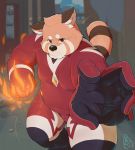  2020 absurd_res ailurid anthro belly black_nose clothed clothing detailed_background fire hi_res humanoid_hands kemono male mammal overweight overweight_anthro overweight_male piero03432812 red_panda solo 
