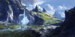  blue_sky cliff cloud cloudy_sky commentary day highres krita_(medium) landscape mountain no_humans original outdoors philipp_urlich scenery signature sky stream tree twitter_username water waterfall 