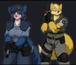  2020 anthro black_background black_bars blue_body blue_fur bottomwear breasts canid canine capcom chris_redfield clothing cosplay crossover crossover_cosplay droll3 duo female fingerless_gloves fox fox_mccloud fur gloves green_eyes gun handwear hat headgear headwear hi_res jill_valentine krystal letterbox male mammal nintendo pants ranged_weapon resident_evil simple_background star_fox video_games weapon 