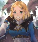  1girl absurdres bangs blonde_hair blush braid cloak crown_braid gloves green_eyes highres kikaia looking_at_viewer nintendo open_mouth pointy_ears princess princess_zelda short_hair smile solo the_legend_of_zelda the_legend_of_zelda:_breath_of_the_wild 