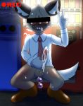  absurd_res aggressive_retsuko anthro balls bodily_fluids cum cum_on_face cum_on_own_face cum_on_self genital_fluids genitals haida hi_res hyaenid male mammal penis sanrio solo spotted_hyena wycicus 