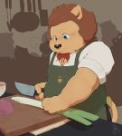 2020 absurd_res anthro apron blue_eyes brown_body brown_fur clothing cooking felid food fur hi_res kemono lion male mammal overweight overweight_anthro overweight_male pantherine piero03432812 shirt solo topwear 