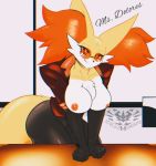  anthro black_body black_fur breasts clothed clothing delphox detailed_background eyewear female fluffy fluffy_tail fur glasses hi_res knightmoonlight98 multicolored_body multicolored_fur nintendo nipples partially_clothed pok&eacute;mon pok&eacute;mon_(species) red_eyes smile solo text video_games white_body white_fur yellow_body yellow_fur 