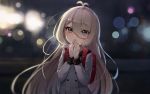  1girl antenna_hair backlighting backpack bag bangs black_eyes blurry blurry_background bokeh breath brown_hair coat commentary depth_of_field eyebrows_visible_through_hair grey_coat hair_between_eyes kokkoro_(princess_connect!) kokkoro_(real)_(princess_connect!) long_hair long_sleeves lunia night outdoors own_hands_together princess_connect! princess_connect!_re:dive randoseru solo upper_body very_long_hair 