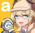  2girls :d a altronage blonde_hair blue_eyes blue_hair claw_pose collared_shirt deerstalker detective eyebrows_visible_through_hair gawr_gura hair_ornament hat highres holding_magnifying_glass hololive hololive_english long_sleeves looking_at_viewer magnification magnifying_glass monocle_hair_ornament multicolored_hair multiple_girls mustache_print open_mouth shark shark_costume shark_girl shark_hood shark_print sharp_teeth shirt sidelocks simple_background smile streaked_hair teeth virtual_youtuber watson_amelia white_hair yellow_background 