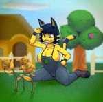  absurd_res animal_crossing ankha_(animal_crossing) anthro areola big_breasts blue_body blue_eyes blue_fur blue_hair bodily_fluids boots breasts camel_toe clothed clothing digital_media_(artwork) domestic_cat egyptian felid feline felis female flower food footwear freepancakes fruit fur hair hi_res huge_breasts mammal nintendo nipples overalls peach_(fruit) plant rose_(flower) smile solo sweat thick_thighs tree video_games yellow_body yellow_fur 