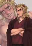  1boy bara blonde_hair chest chun_(luxtan) crossed_arms facial_hair forked_eyebrows kimetsu_no_yaiba male_focus manly medium_hair multicolored_hair muscle nipples pectorals red_hair rengoku_shinjurou solo streaked_hair stubble sweat two-tone_hair 