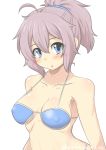  1girl absurdres ahoge aoba_(kantai_collection) artist_name bikini bikini_top blue_bikini blue_eyes blush_stickers breasts commentary_request covered_nipples goma_(gomasamune) hair_between_eyes hair_ornament hair_scrunchie highres kantai_collection long_hair looking_at_viewer medium_breasts pink_hair ponytail scrunchie solo swimsuit twitter_username upper_body white_background 