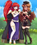  2girls absurdres blue_eyes blush boots breasts brown_hair cape cleavage collaboration cosplay dorothea_arnault dorothea_arnault_(cosplay) english_commentary fire_emblem fire_emblem:_genealogy_of_the_holy_war fire_emblem:_three_houses freckles hat heart heart_hands heart_hands_duo highres ishtar_(fire_emblem) ishtar_(fire_emblem)_(cosplay) large_breasts long_hair multiple_girls open_mouth original patdarux red_hair side_ponytail thigh_boots thighhighs uniform will_(willanator93) 