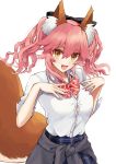  1girl animal_ear_fluff animal_ears bangs blush breasts fate/extra fate_(series) fox_ears fox_girl fox_tail large_breasts long_hair looking_at_viewer merokonbu0 open_mouth pink_hair sidelocks simple_background smile tail tamamo_(fate)_(all) tamamo_no_mae_(fate) twintails white_background yellow_eyes 
