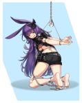  1girl absurdres animal_ears arknights bdsm bondage bound bunny_ears collar cuffs feet guangmi handcuffs highres long_hair purple_eyes purple_hair restrained rope_(arknights) shackles simple_background solo tied_up 