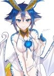  1girl absurdres blue_eyes blue_hair breasts breasts_apart closed_mouth detached_collar dragon_girl dragon_horns dragon_tail dragon_wings hair_between_eyes heart_(organ) highres horns looking_at_viewer medium_breasts mihua_(gina10925) monster_girl monster_musume_no_oisha-san navel pale_skin pointy_ears scales short_hair signature simple_background skadi_dragenfelt slit_pupils smile solo tail white_background wings 