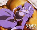  anthro breasts canid canine canis claws clothed clothing detailed_background female fluffy fluffy_tail fur knightmoonlight98 mammal multicolored_body multicolored_fur partially_clothed purple_body purple_fur sitting smile solo two_tone_body two_tone_fur wolf 
