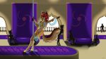  2020 anthro ayn banners black-backed_jackal black_body black_fur brown_body brown_fur canid canine canis clothed clothing crown dancing digital_media_(artwork) female fur furraleti hair harem_outfit headgear headwear hi_res jackal looking_at_viewer mammal multicolored_body multicolored_fur nipples pole red_hair silhouette skimpy solo stage stripper_pole translucent translucent_clothing two_tone_body two_tone_fur 