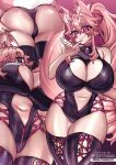  1girl :3 animal_ear_fluff animal_ears ass ass_grab breasts collar fluff food fox_ears fox_girl fox_tail fruit grabbing_own_ass highres huge_breasts kireina_(osiimi) long_hair multiple_views navel osiimi pink_eyes pink_hair ponytail strawberry tail thighhighs zipper zipper_pull_tab 