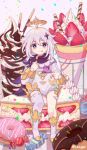  1girl :q artist_name cake cake_slice chromatic_aberration doughnut facing_viewer food genshin_impact highres long_hair looking_at_viewer paimon_(genshin_impact) seigaaaa silver_hair solo sweets tongue tongue_out 
