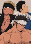  3boys bara body_hair chest chest_hair chun_(luxtan) facial_hair headband highres jewelry looking_at_viewer male_focus manly multiple_boys muscle necklace nipples original pectorals serious shirtless short_hair sideburns simple_background spiked_hair stubble upper_body 
