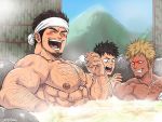  3boys abs bamboo_fence bara black_hair blush body_hair chest chest_hair chun_(luxtan) cup drunk facial_hair fence happy headband highres laughing male_focus manly mountain multiple_boys muscle nipples onsen original pectorals rock short_hair steam stubble surprised toned toned_male upper_body water wet 